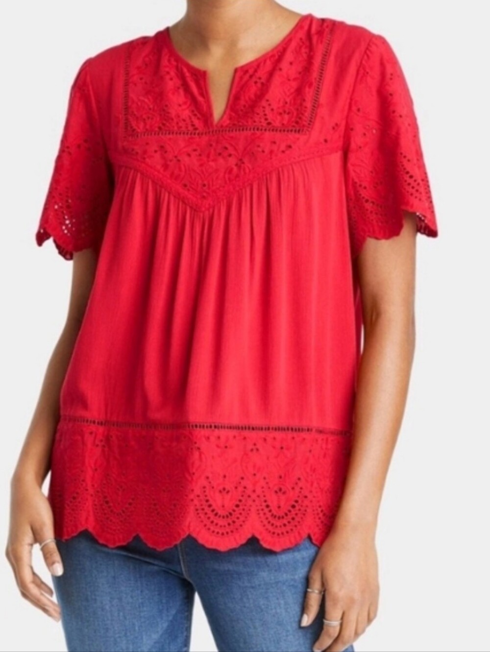 Knox Rose Red V-Neck Eyelet Mixed Media Boho Prairie Peasant Top Size XL